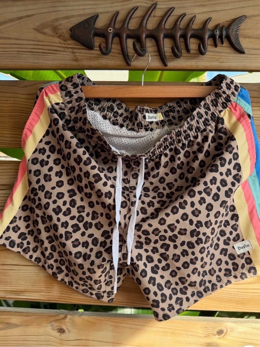 Duvin Animal Print Swim Shorts with Rainbow Side Stripes - Brown